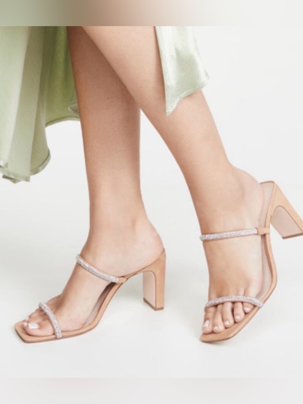 SCHUTZ Salwa Atone/Nude Rhinestone Strappy Block Heel Sandals - Women Sz 8.5